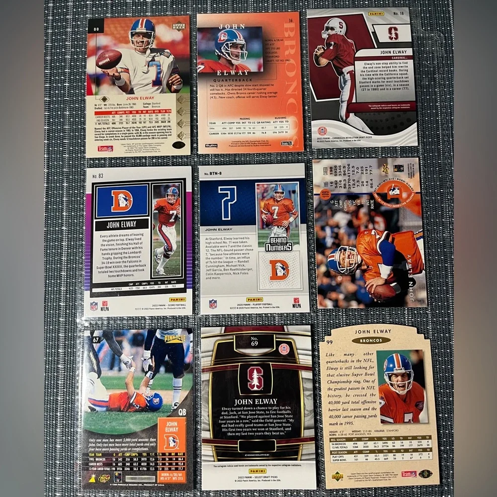 🏈 John Elway NFL National Football League Sports Trading Cards, Qty 9, Lot #2